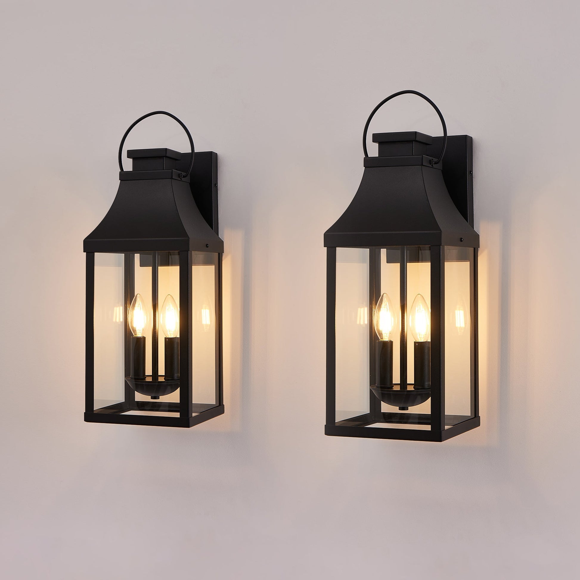 20-inch Outdoor Wall Light 2-Pack HouseOfZazla black metal lanterns with clear glass on Tampa Home & Garden Store