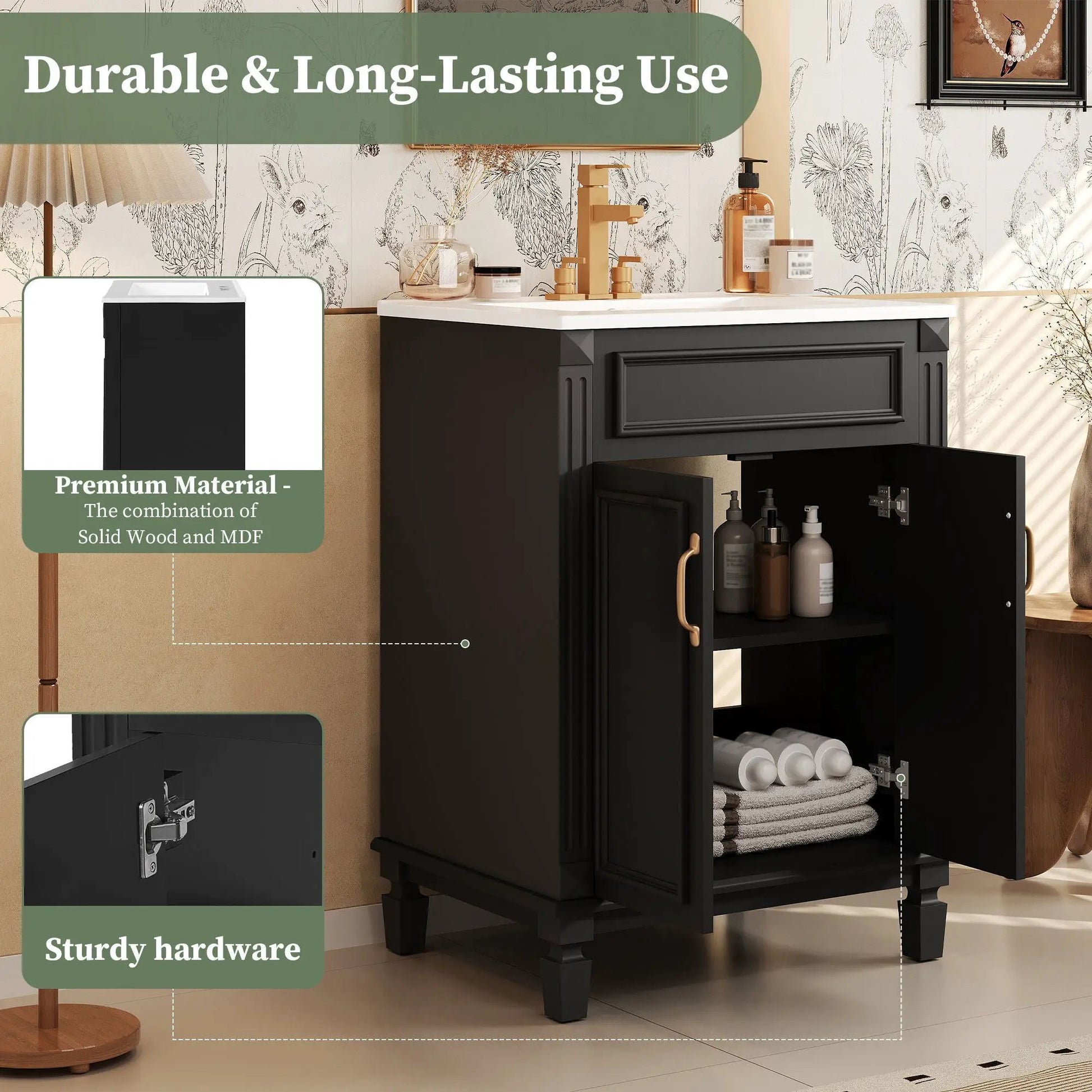 Bathroom vanity with top sink in black, two soft-closing doors, Unique Piece Furniture on Tampa Home & Garden Store