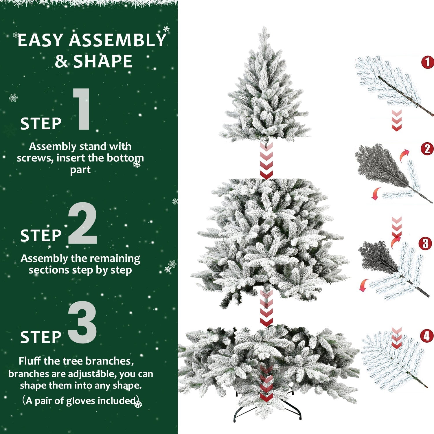 HouseOfZazla 7ft flocked Christmas tree with 1514 tips, easy assembly guide on Tampa Home & Garden Store