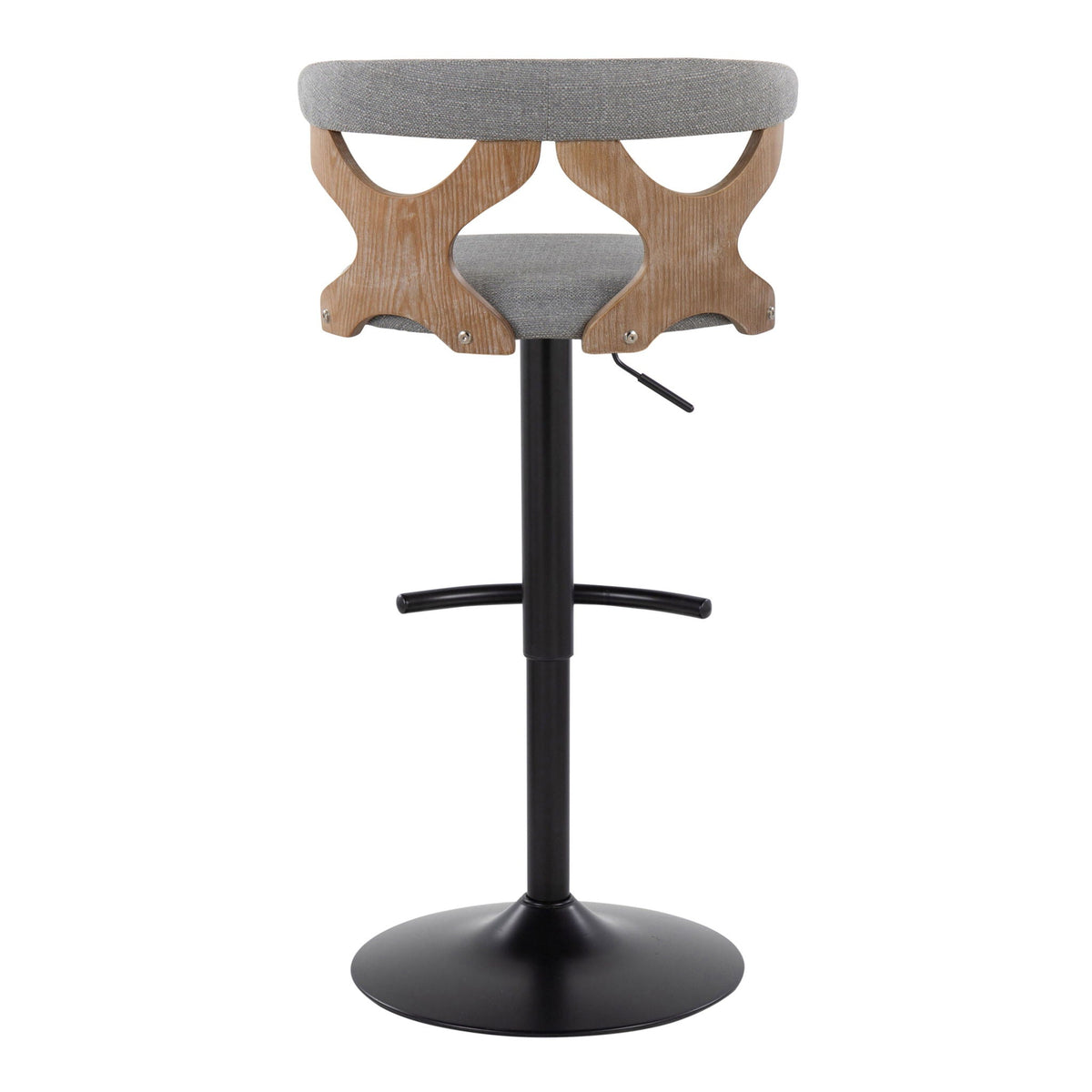 Contemporary adjustable barstool with gray upholstered seat and curved wood base on Tampa Home & Garden Store