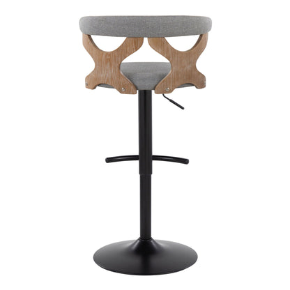 Contemporary adjustable barstool with gray upholstered seat and curved wood base on Tampa Home & Garden Store