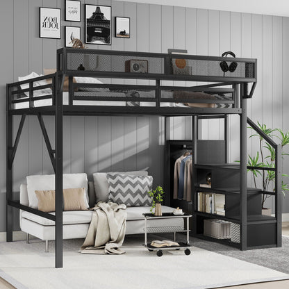 Queen Size Loft Bed with stairs, storage shelves and wardrobe in black on Tampa Home & Garden Store
