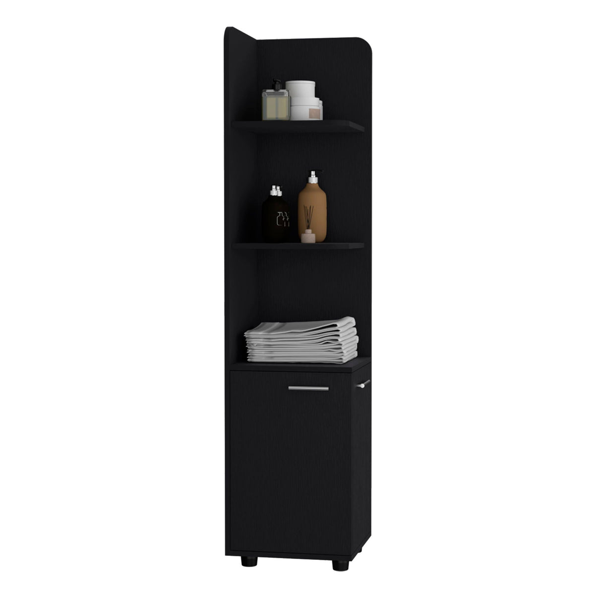 Corner Cabinet black linen with 3 Tier shelf and 2 doors, bottles and towels HouseOfZazla on Tampa Home & Garden Store