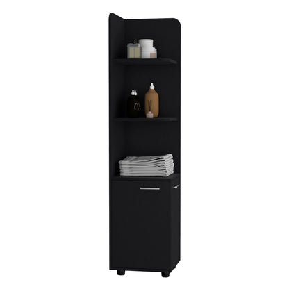 Corner Cabinet black linen with 3 Tier shelf and 2 doors, bottles and towels HouseOfZazla on Tampa Home & Garden Store