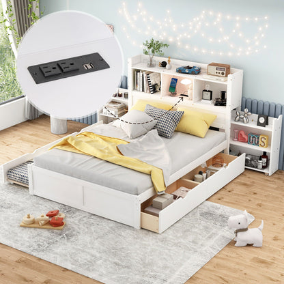 White storage platform bed with pull-out shelves, trundle and 2 drawers; built-in USB outlet on Tampa Home & Garden Store