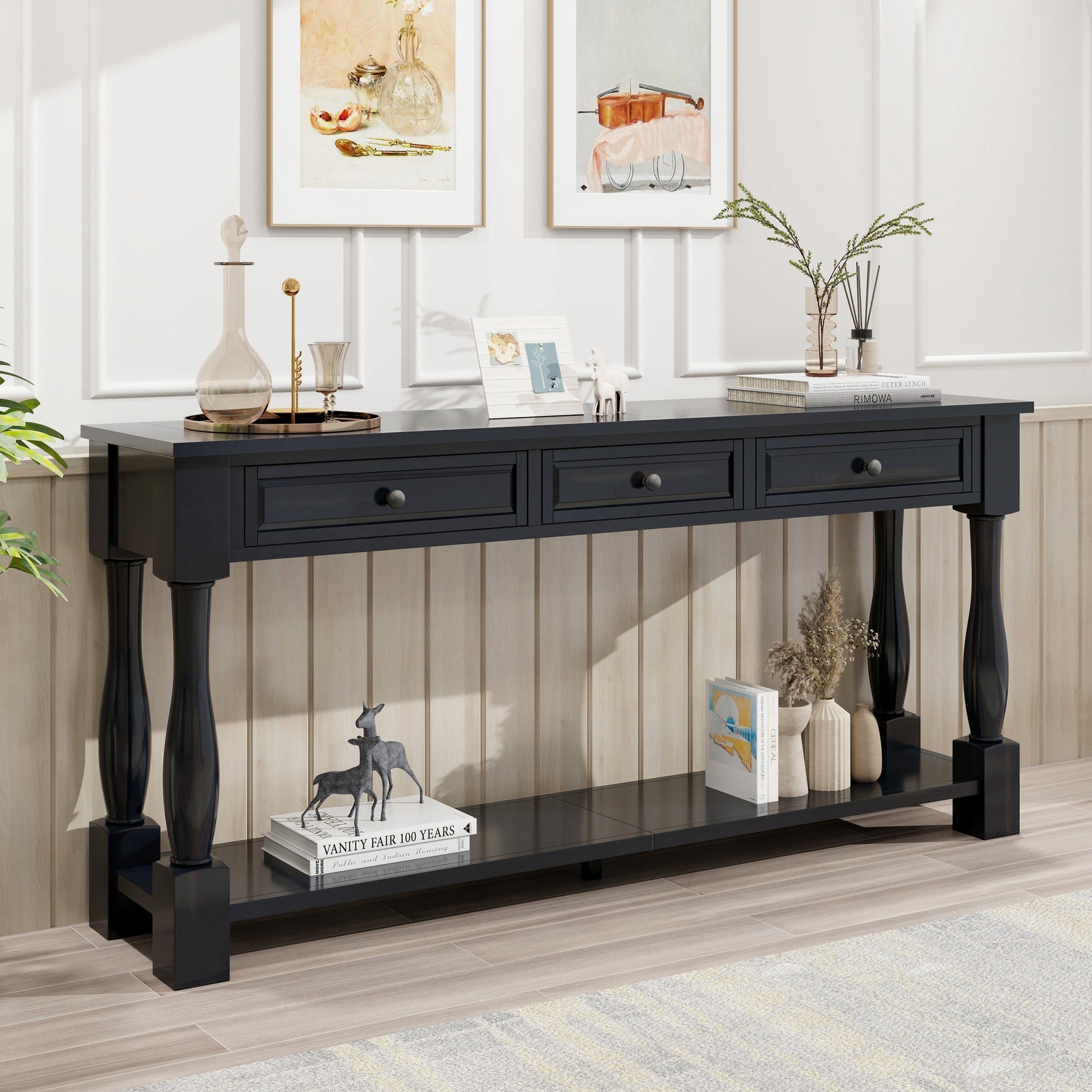 TREXM 63in Long Black Console Table with Drawers and Shelf by HouseOfZazla on Tampa Home & Garden Store