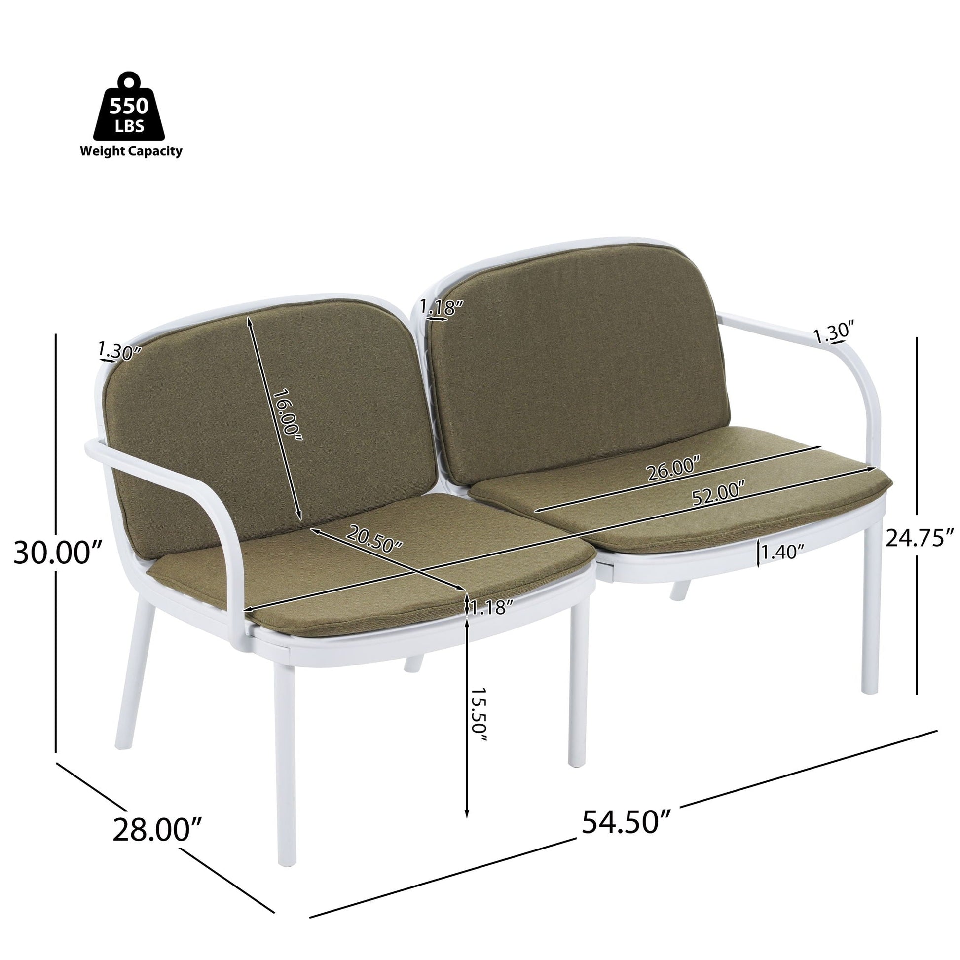Luna Outdoor Patio Loveseat with olive cushions and white metal frame, 2-seat sofa on Tampa Home & Garden Store