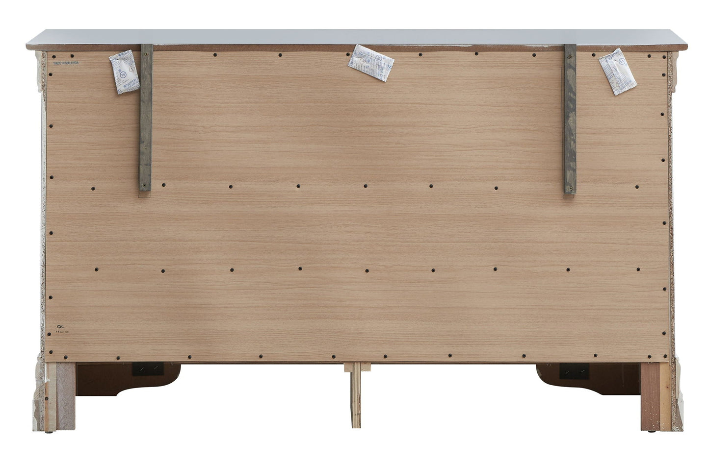 Lorana dresser underside view with wood panels, metal supports, grey top HouseOfZazla on Tampa Home & Garden Store