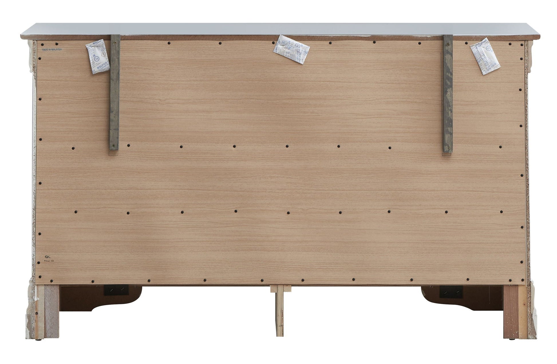 Lorana dresser underside view with wood panels, metal supports, grey top HouseOfZazla on Tampa Home & Garden Store