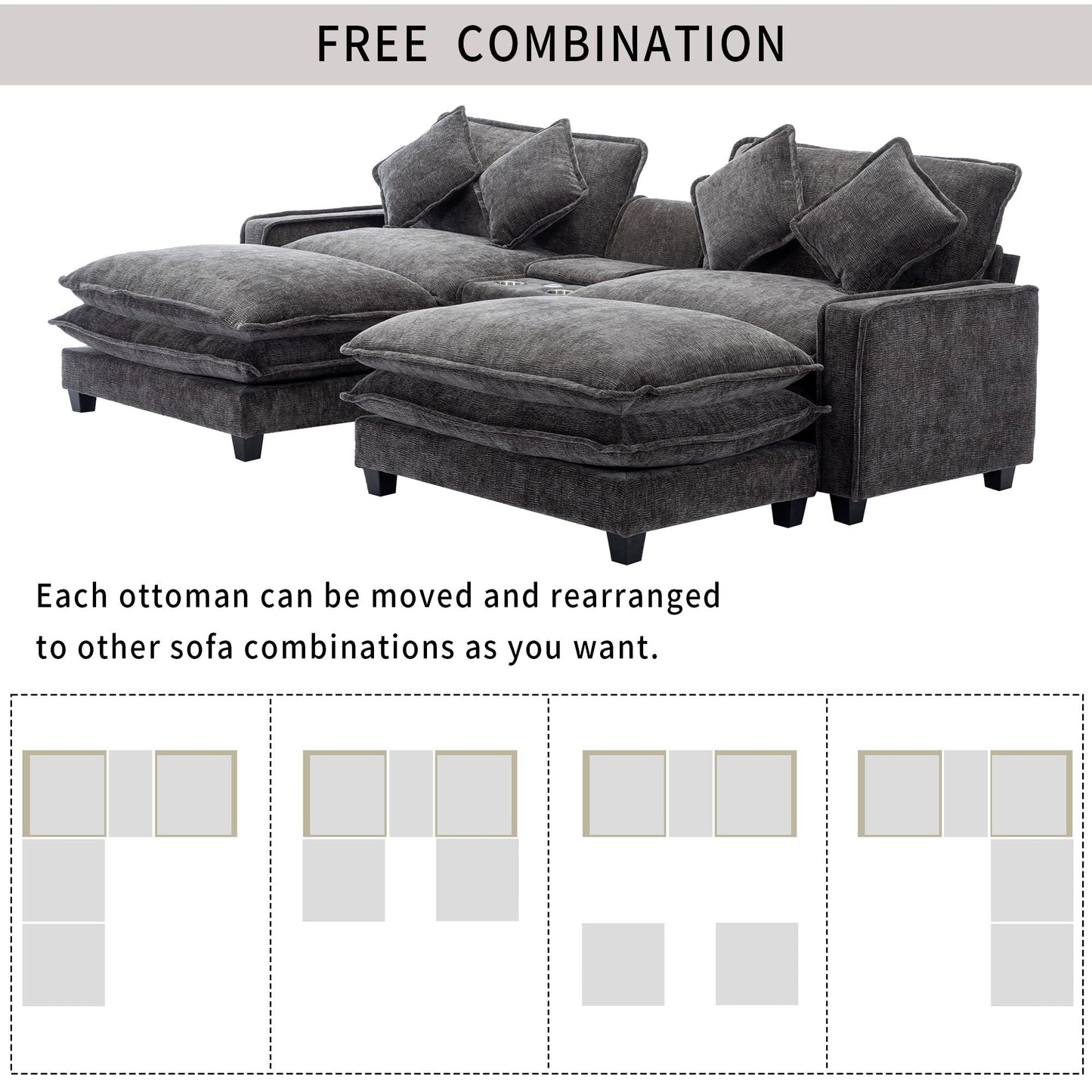 Modern sectional sofa with removable ottomans, charcoal gray fabric, USB ports, HouseOfZazla on Tampa Home & Garden Store