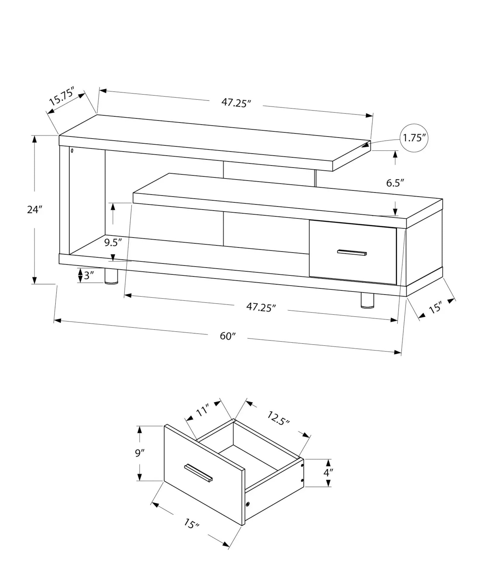 TV Stand blueprint with drawer and cabinet, 60in long, 24in high by Unique Piece Furniture on Tampa Home & Garden Store