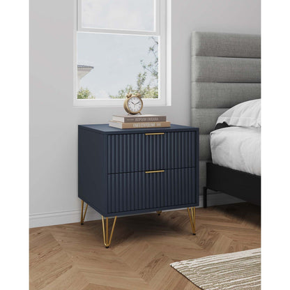 Dumbo Nightstand with 2 drawers and fluted fronts, navy blue with gold handles and gold legs on Tampa Home & Garden Store