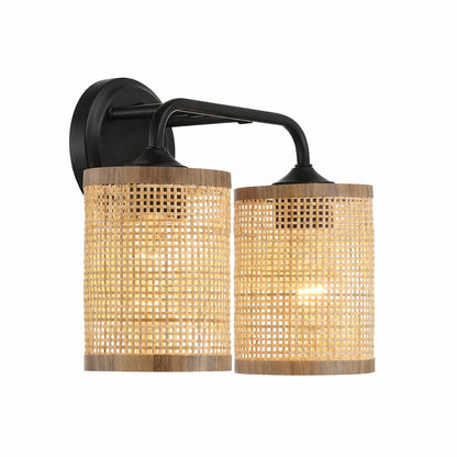 Quell double light vanity wall lamp with black metal frame and natural rattan shades (2 lights) on Tampa Home & Garden Store