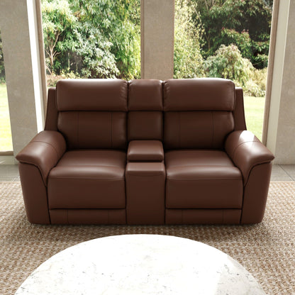 Dual Power Reclining Loveseat with Center Console in brown leather upholstery on Tampa Home & Garden Store