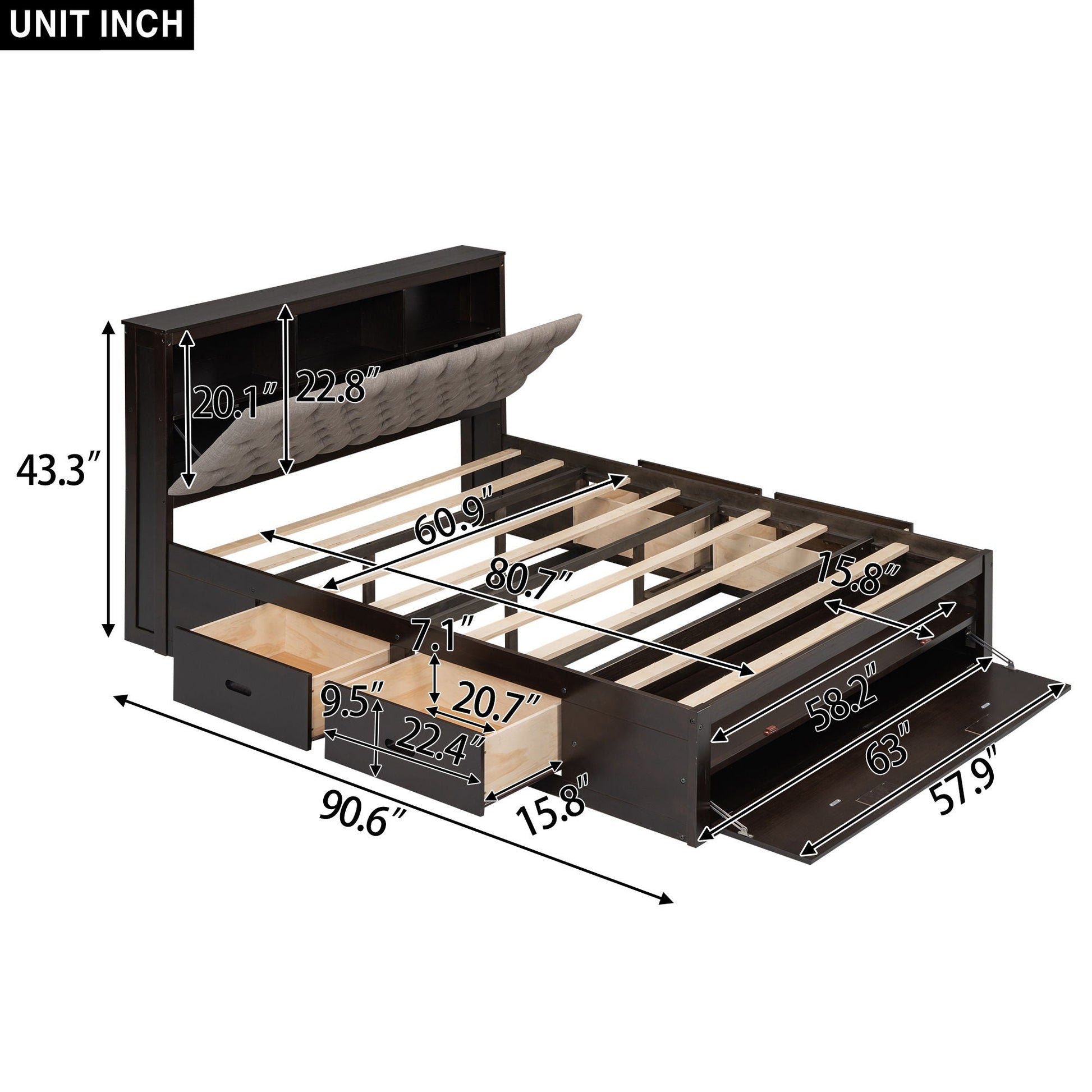 Platform bed with storage headboard, shoe rack and 4 drawers in dark wood by HouseOfZazla on Tampa Home & Garden Store