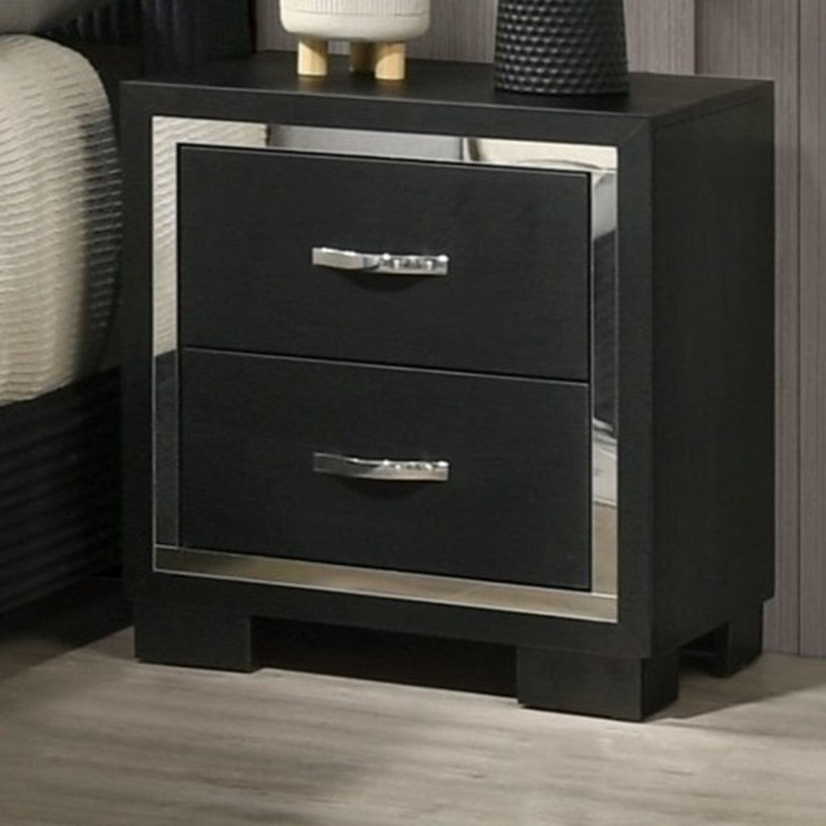 2 Drawer Bedroom Nightstand with Handles - Black, HouseOfZazla, chrome pulls on Tampa Home & Garden Store
