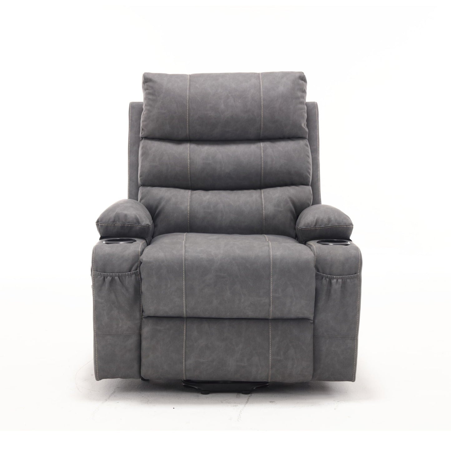 Large electric lift recliner chair in gray upholstery with dual cup holders on Tampa Home & Garden Store