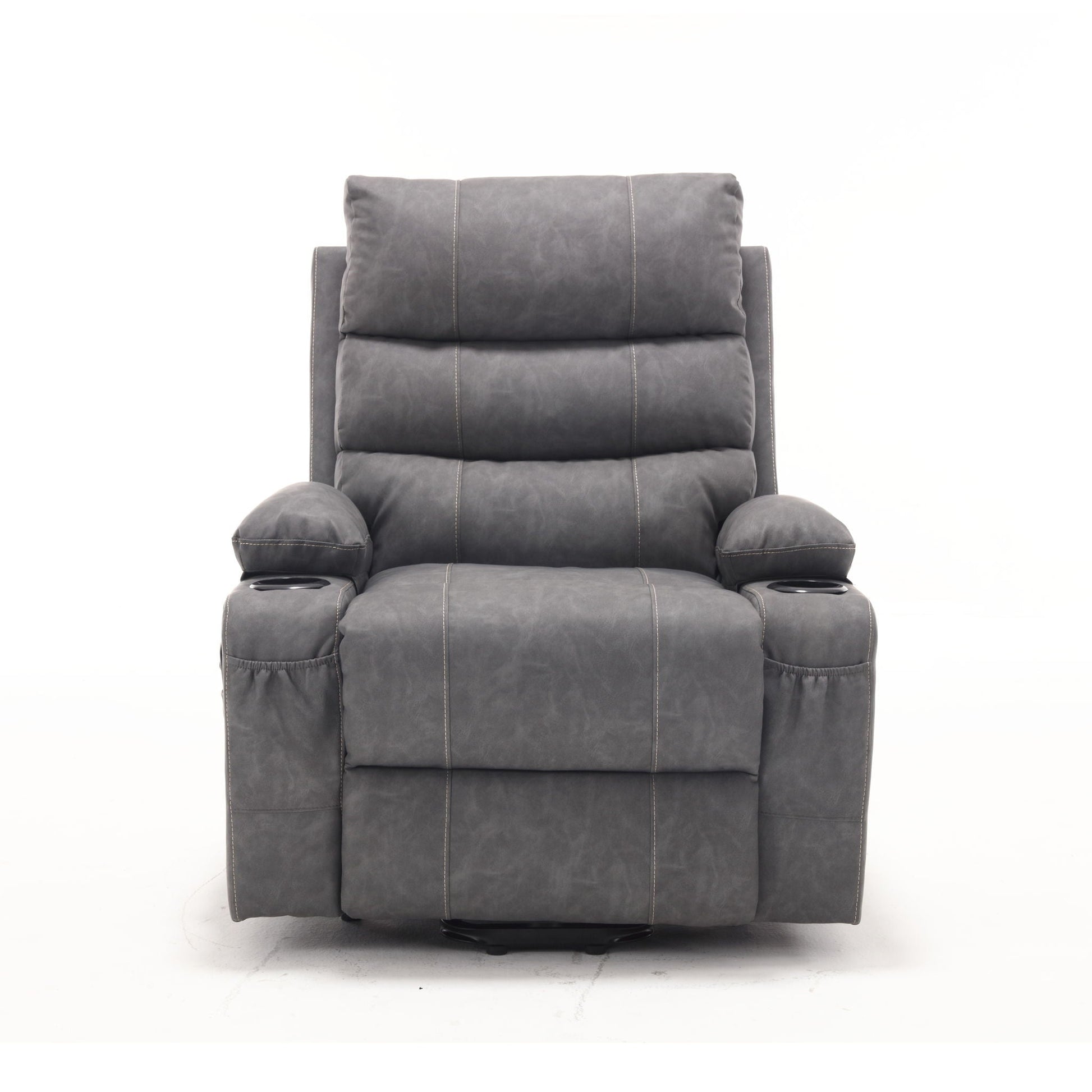 Large electric lift recliner chair in gray upholstery with dual cup holders on Tampa Home & Garden Store