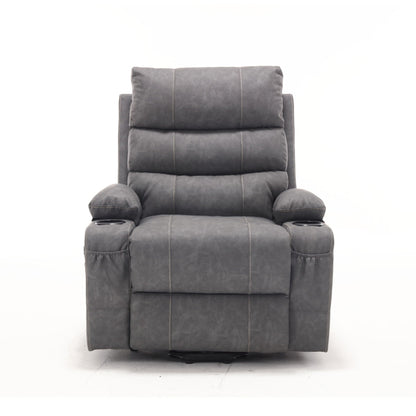 Large electric lift recliner chair in gray upholstery with dual cup holders on Tampa Home & Garden Store