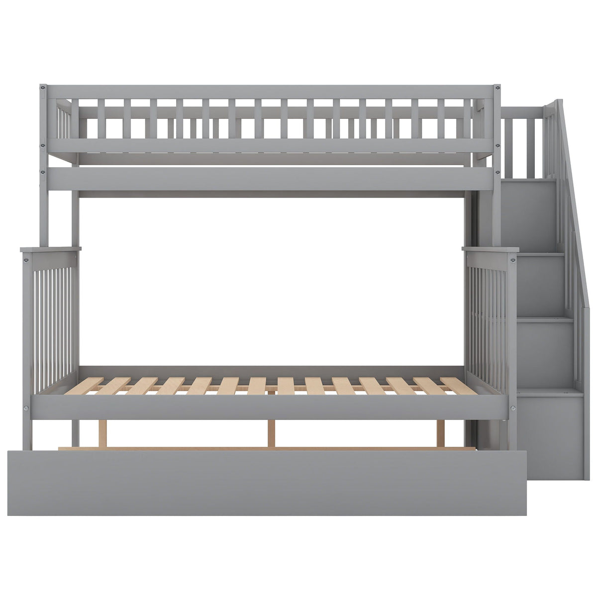 Bunk Bed With Staircase gray wood finish HouseOfZazla, top bunk with rails on Tampa Home & Garden Store