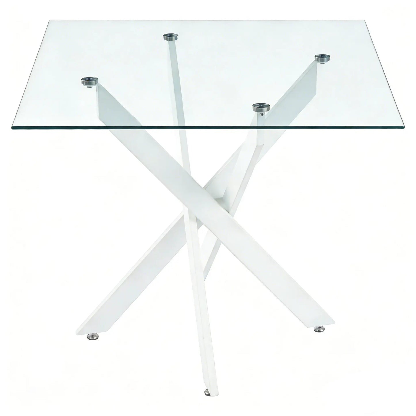 Dining table with tempered glass top and white cross metal legs, square modern design on Tampa Home & Garden Store