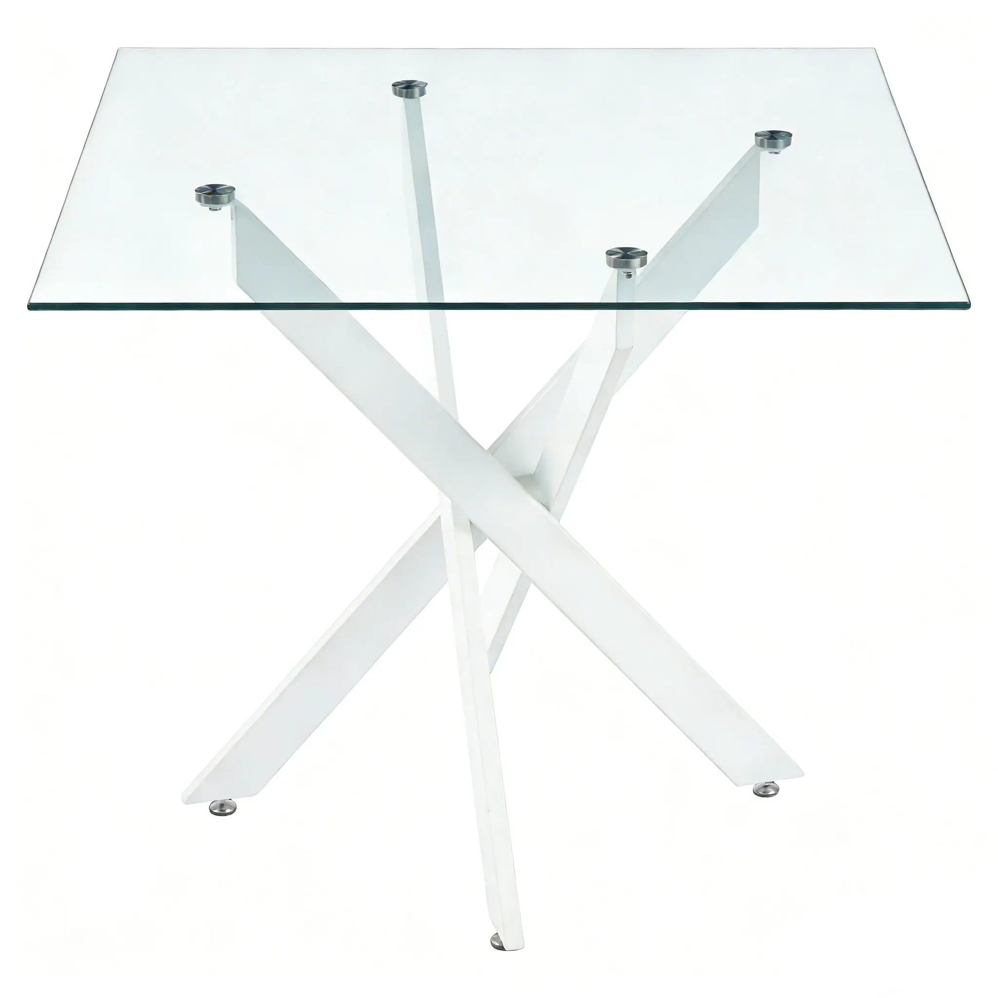 Dining table with tempered glass top and white cross metal legs, square modern design on Tampa Home & Garden Store