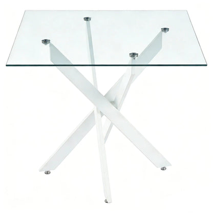 Dining table with tempered glass top and white cross metal legs, square modern design on Tampa Home & Garden Store