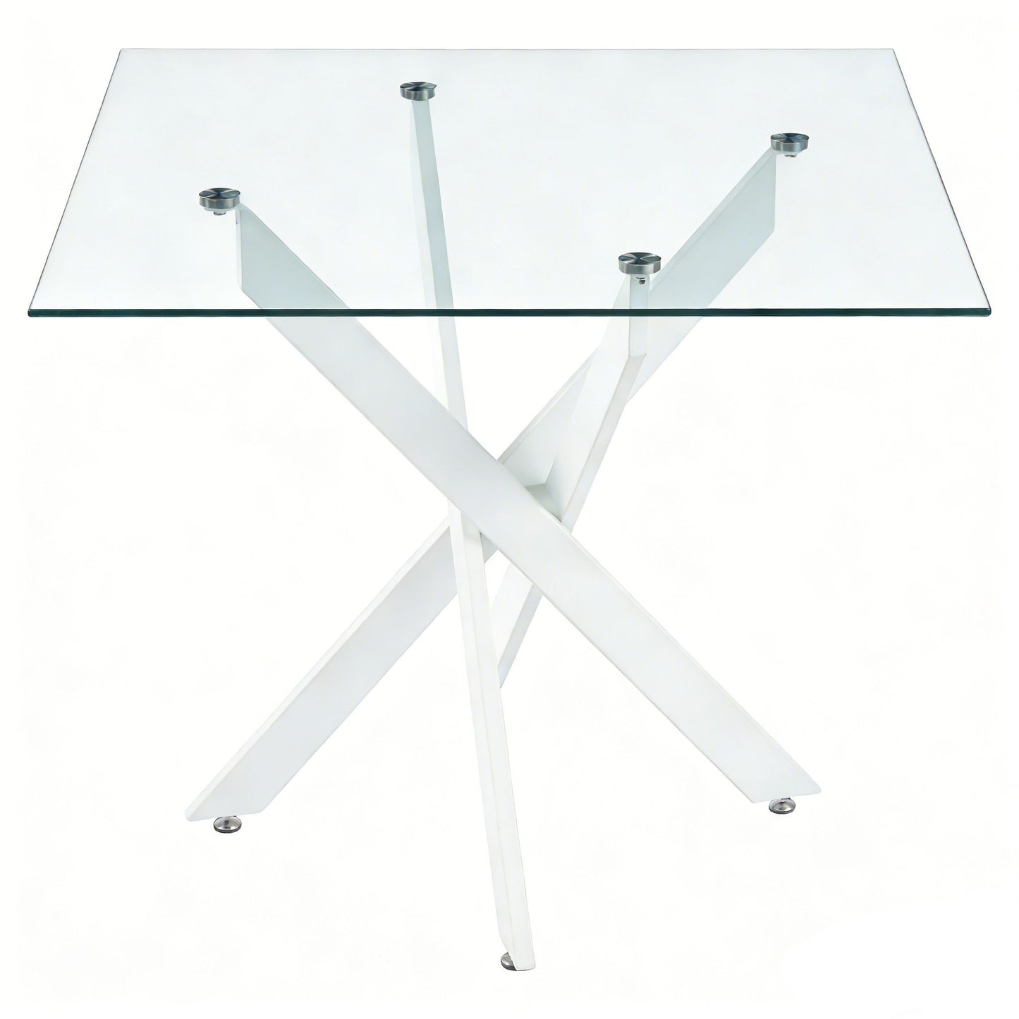 Dining table with square tempered glass top and white cross metal legs with chrome caps on Tampa Home & Garden Store