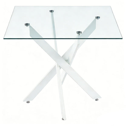 Dining table with square tempered glass top and white cross metal legs with chrome caps on Tampa Home & Garden Store