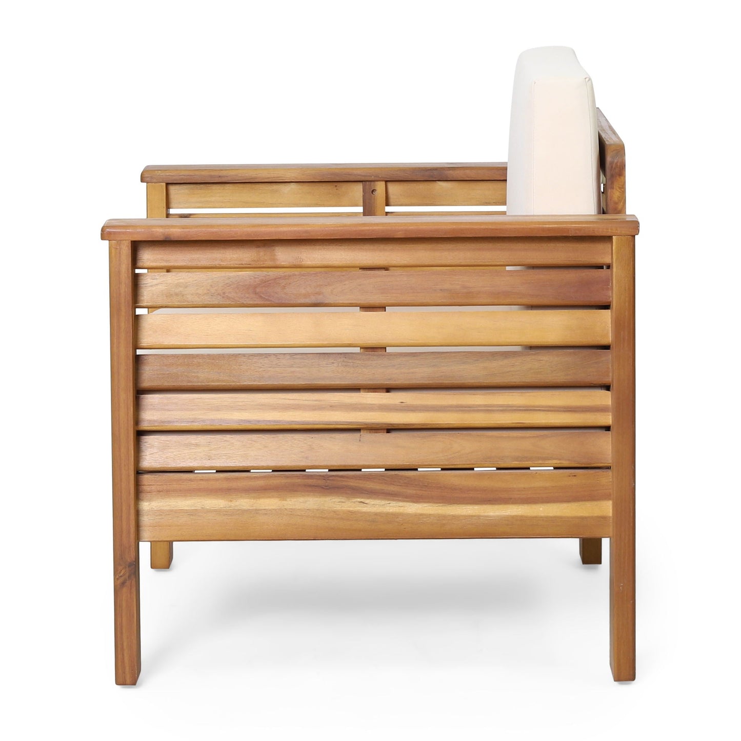 Slat Design Club Chair with Cushions, natural wood frame, beige upholstery, outdoor HouseOfZazla on Tampa Home & Garden Store