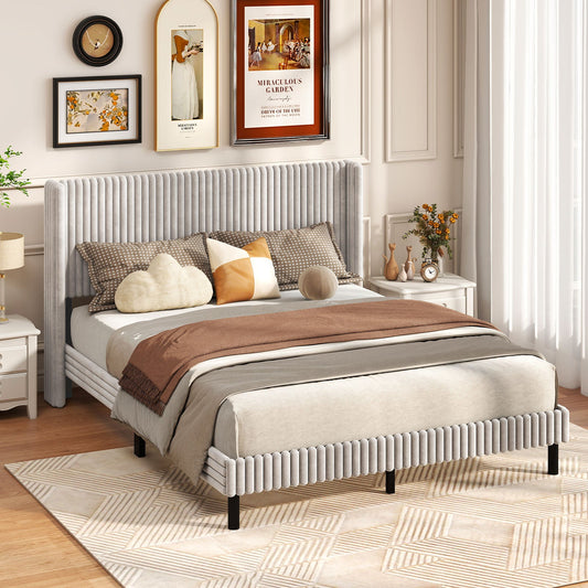 Queen Size Velvet Bed Frame with Vertical Channel Tufted Wingback Headboard-White - Tampa Home & Garden Store