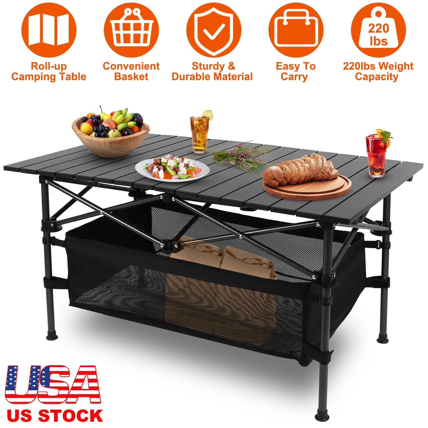 GemGear folding camping table with slatted black top, portable aluminum, includes carrying bag on Tampa Home & Garden Store