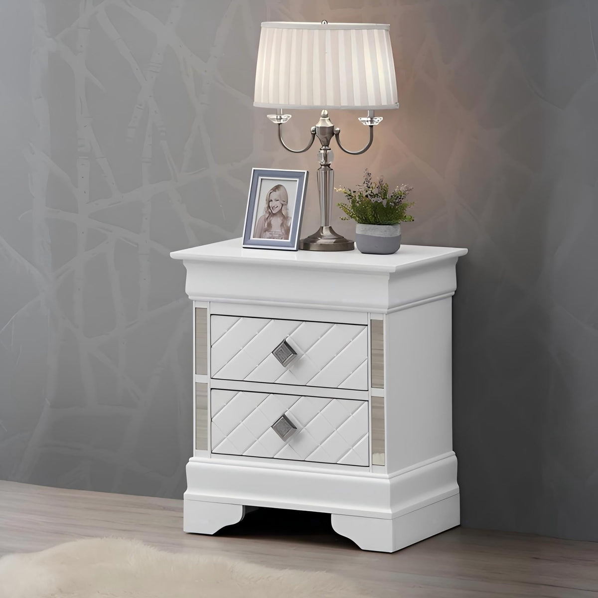 Accent Nightstand with Two Drawers silver champagne finish with mirrored diagonal fronts on Tampa Home & Garden Store