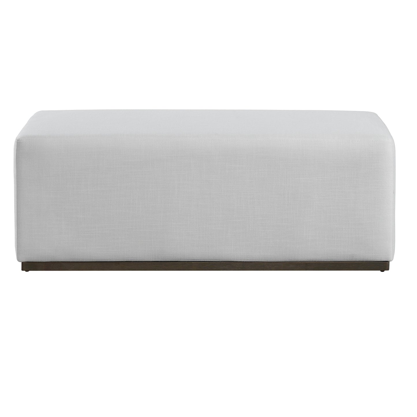 Simple and Elegant Footstool Bench by HouseOfZazla, grey linen upholstery with dark wood base on Tampa Home & Garden Store