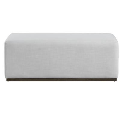 Simple and Elegant Footstool Bench by HouseOfZazla, grey linen upholstery with dark wood base on Tampa Home & Garden Store