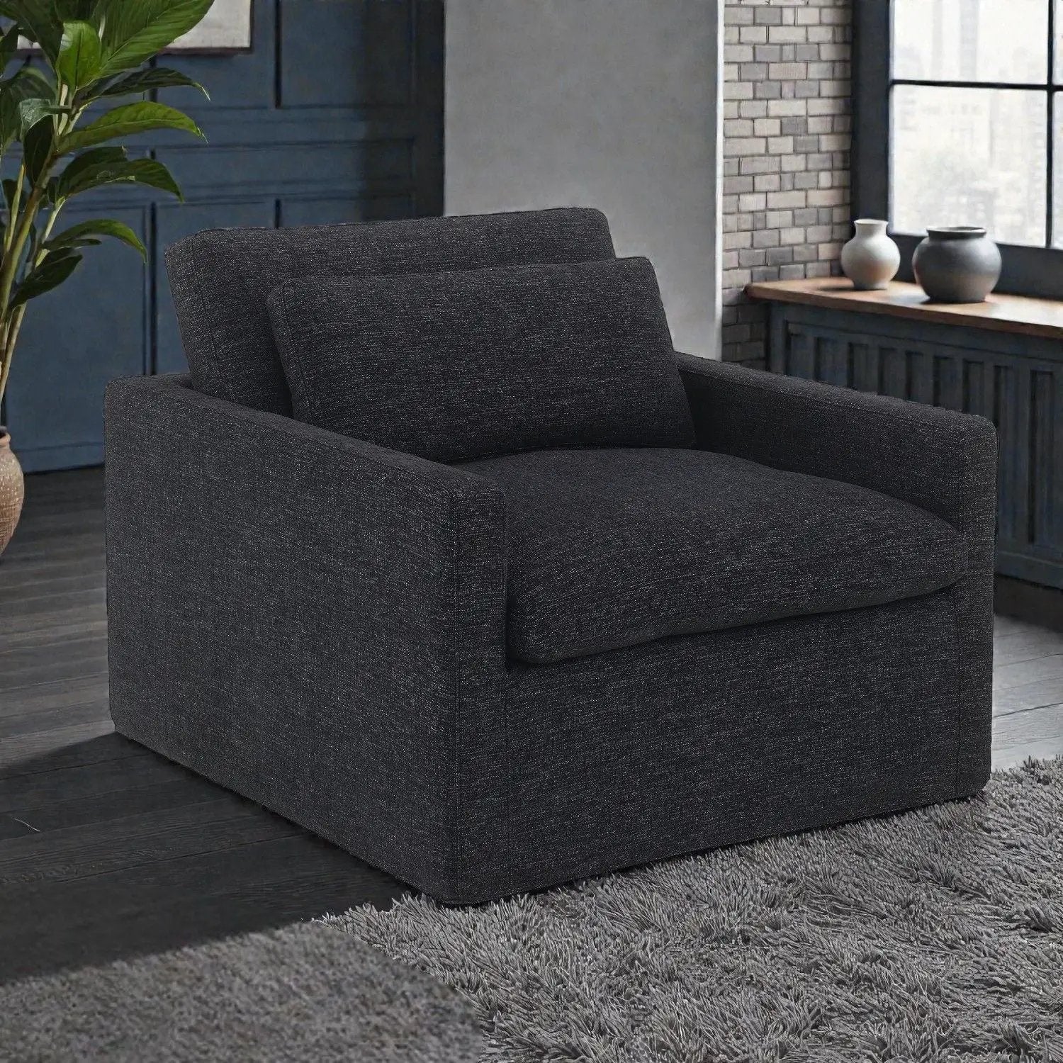 Naveen Swivel Chair with 1 toss pillow in dark gray textured fabric by Unique Piece Furniture on Tampa Home & Garden Store