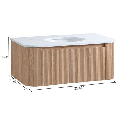 Wall Mounted Bathroom Vanity With Sink natural wood white countertop grooved doors HouseOfZazla on Tampa Home & Garden Store