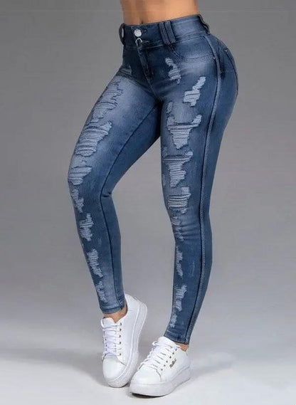 Fashion Ripped High-Waist Skinny Jeans in blue denim with knee rips by FLIPSTYLEZLLC on Tampa Home & Garden Store