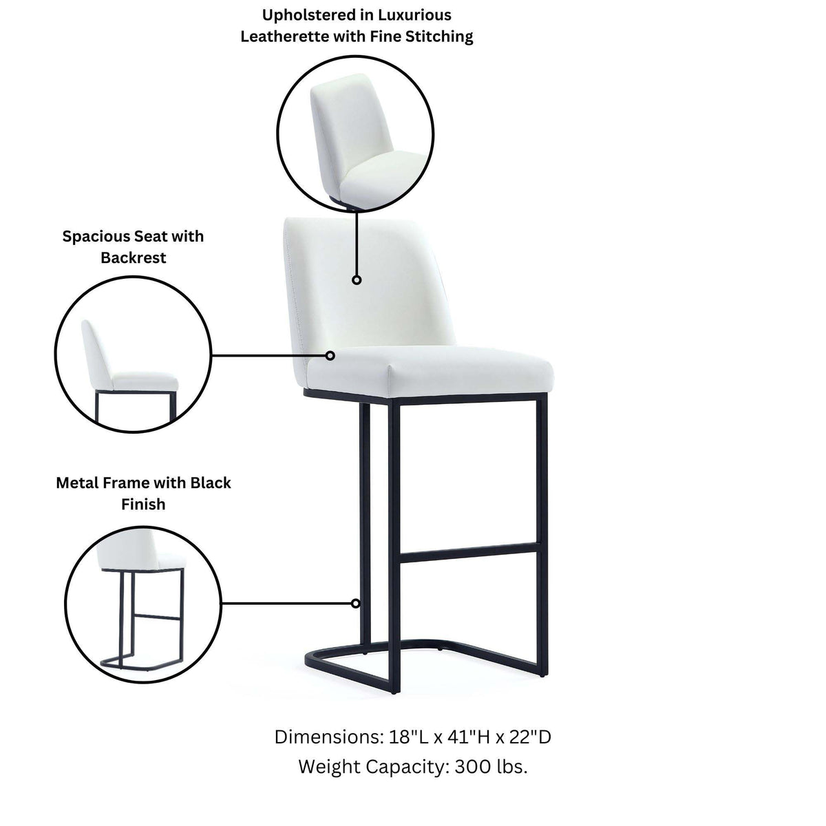 Serena Barstool HouseOfZazla white leatherette backrest, black metal frame, bar height 28–30 on Tampa Home & Garden Store