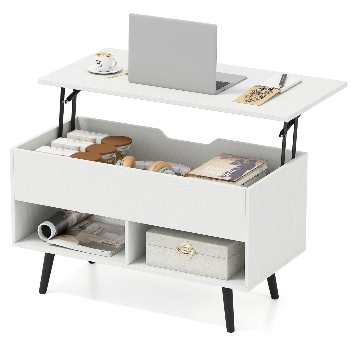 31.5 Inch Lift-Top Coffee Table with Hidden Storage and 2 Open Shelves