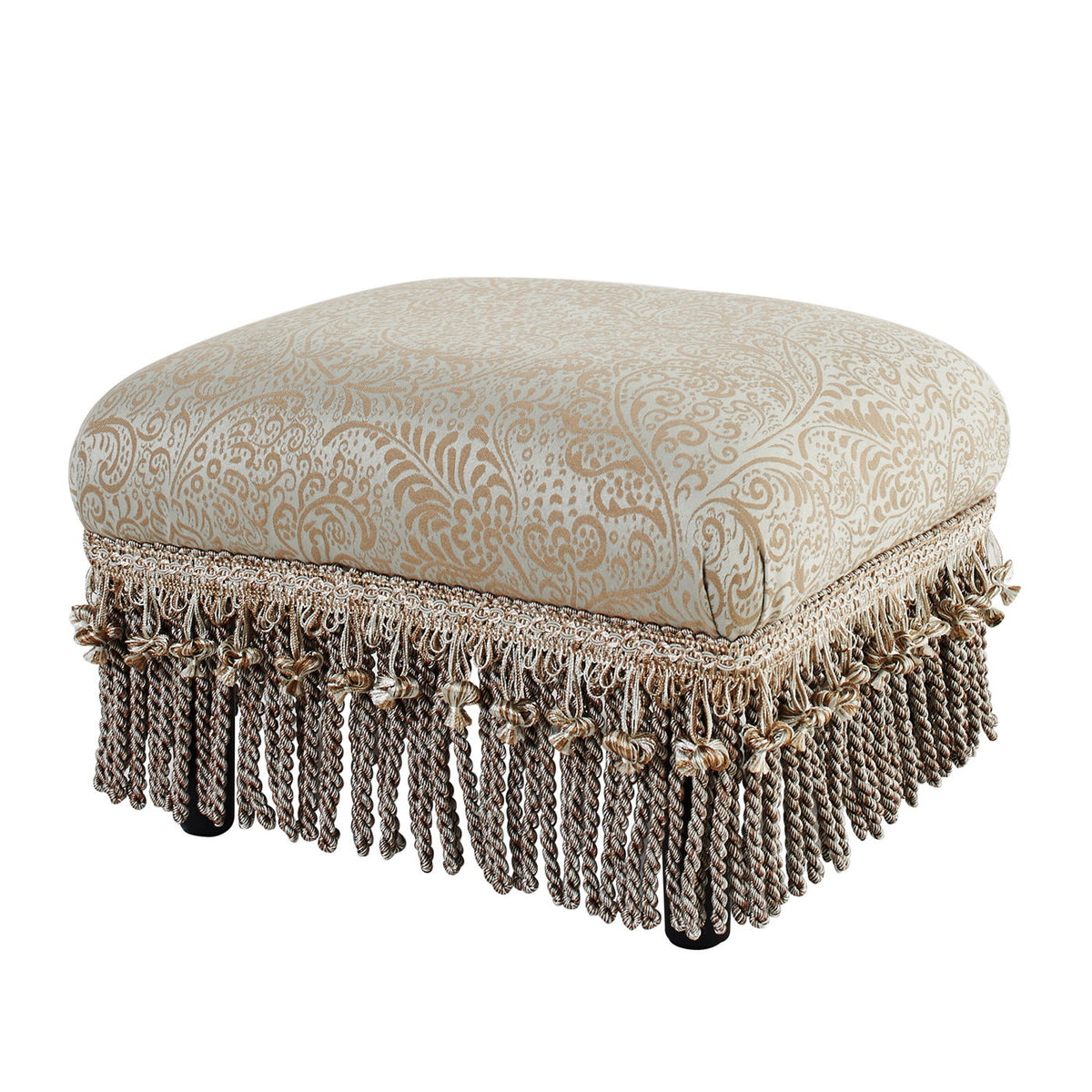 Handcrafted accent footstool ottoman in beige damask with tassel fringe HouseOfZazla on Tampa Home & Garden Store