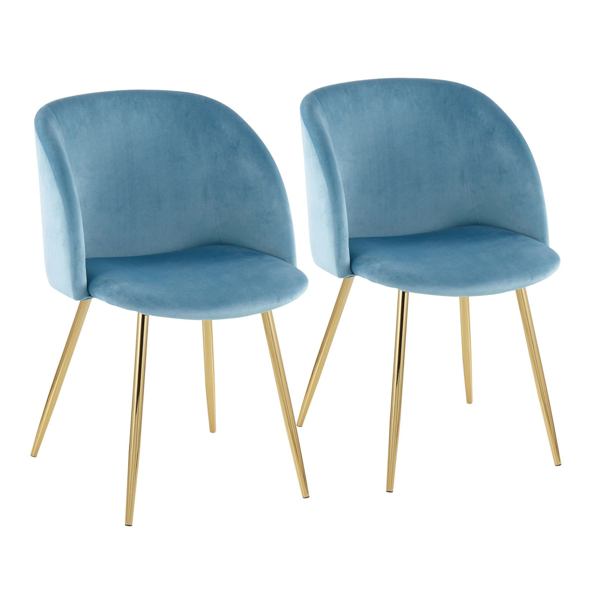 Pair of blue padded chairs with curved backs and gold legs from a contemporary chair set on Tampa Home & Garden Store