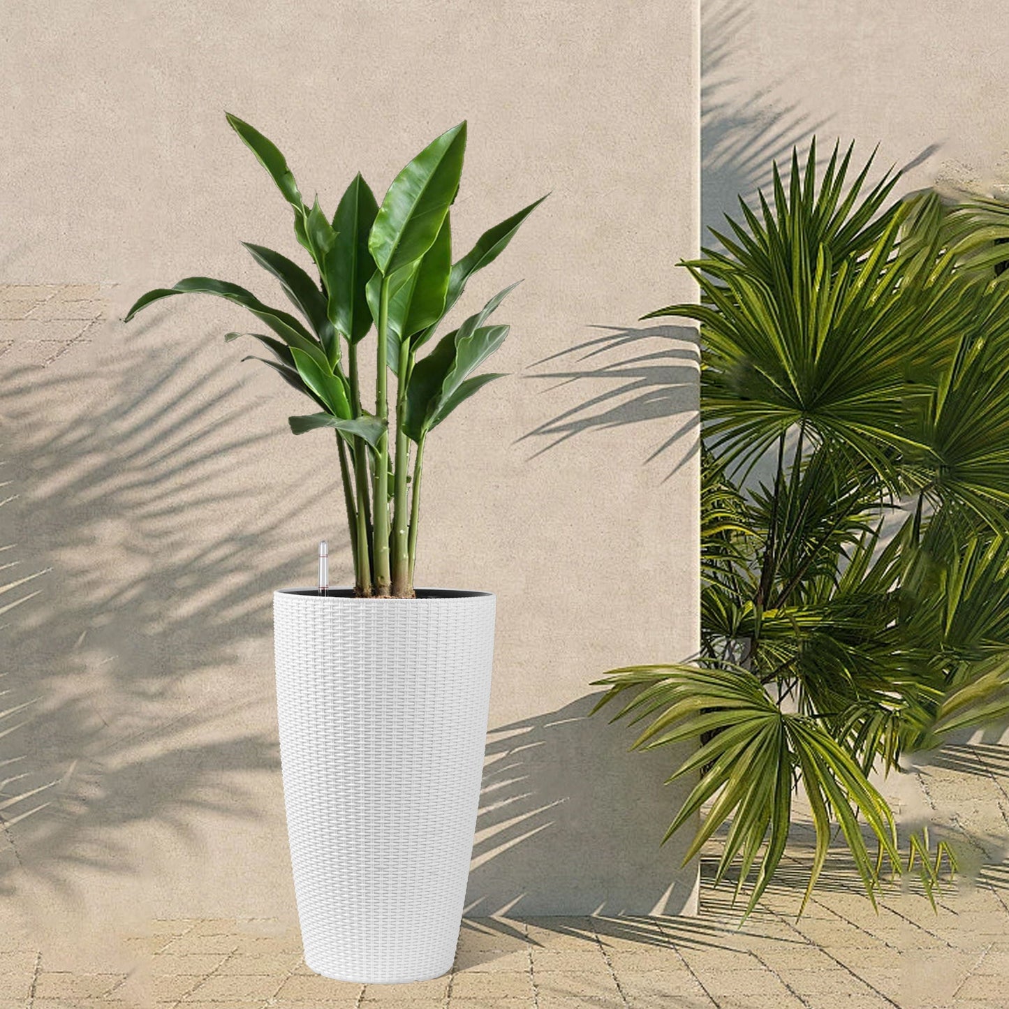 Tall white wicker planter with a green tropical plant and built-in water level monitor for auto watering on Tampa Home & Garden Store