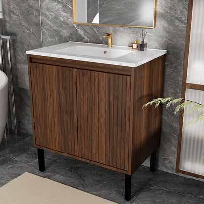Bathroom vanity with ceramic sink, wood cabinet, gold faucet, soft-close drawers, mirror on Tampa Home & Garden Store