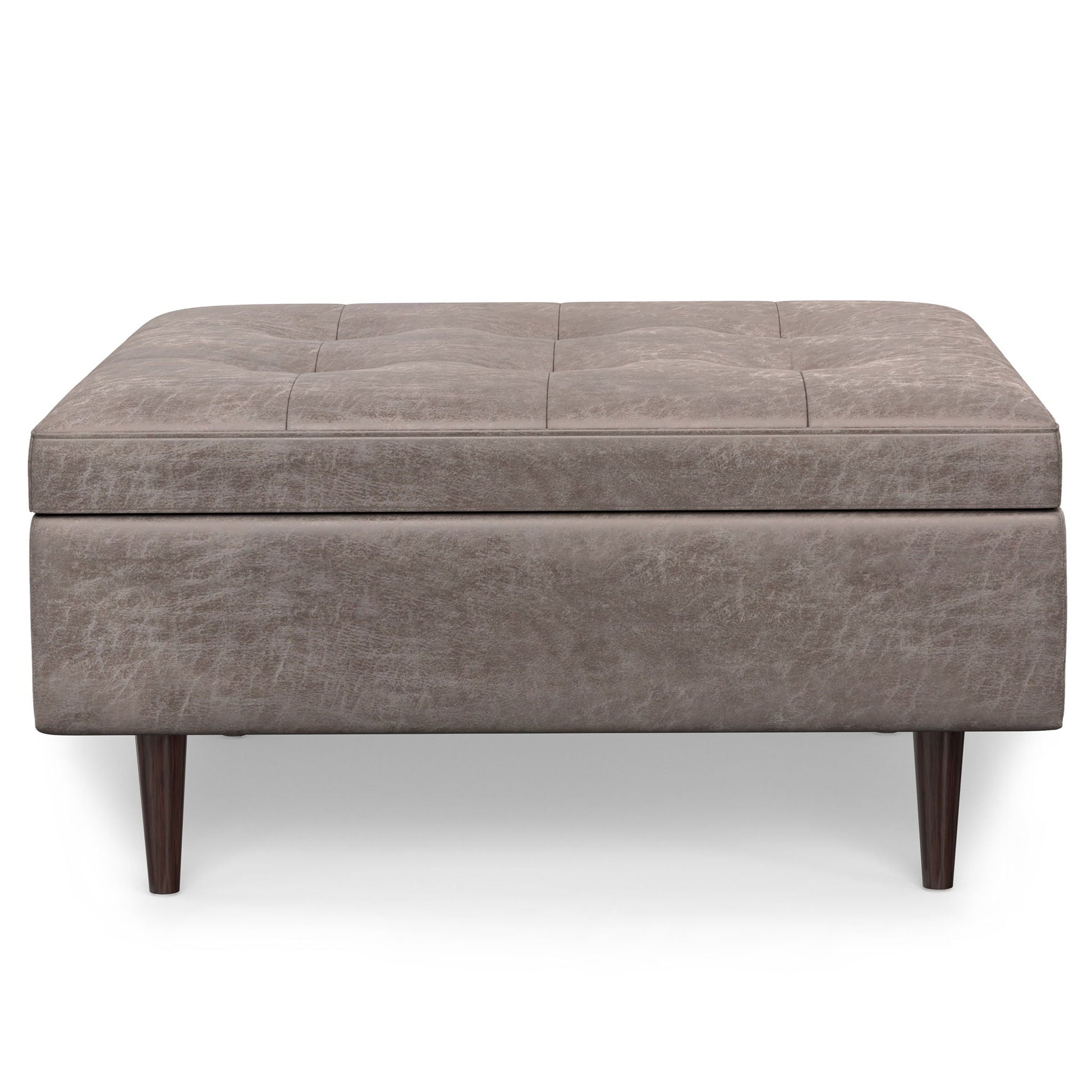 Shay storage ottoman by Unique Piece Furniture in taupe faux leather with dark legs mid-century on Tampa Home & Garden Store