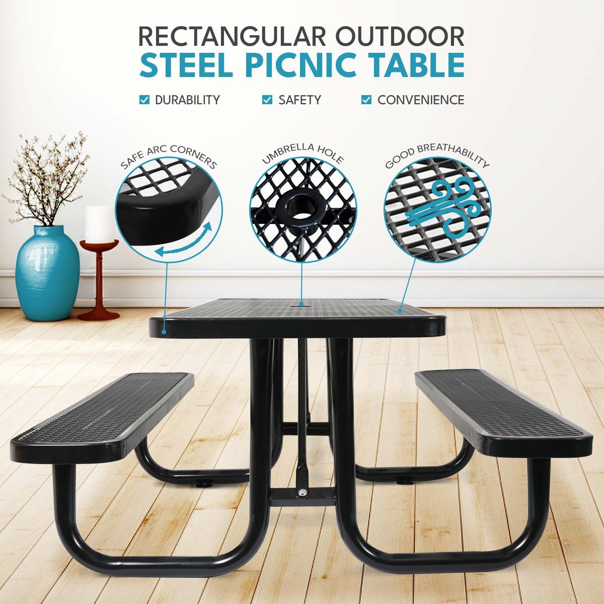 Outdoor Steel Picnic Table and an Umbrella Pole