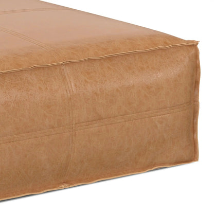 Brody large square coffee table pouf in tan distressed leather with piping on Tampa Home & Garden Store