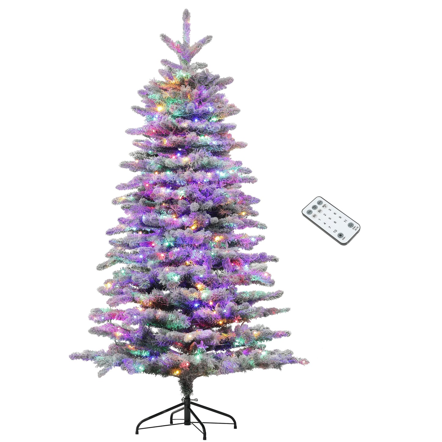 6.5 ft pre-lit snow-flocked mountain pine artificial Christmas tree HouseOfZazla on black metal stand with remote on Tampa Home & Garden Store