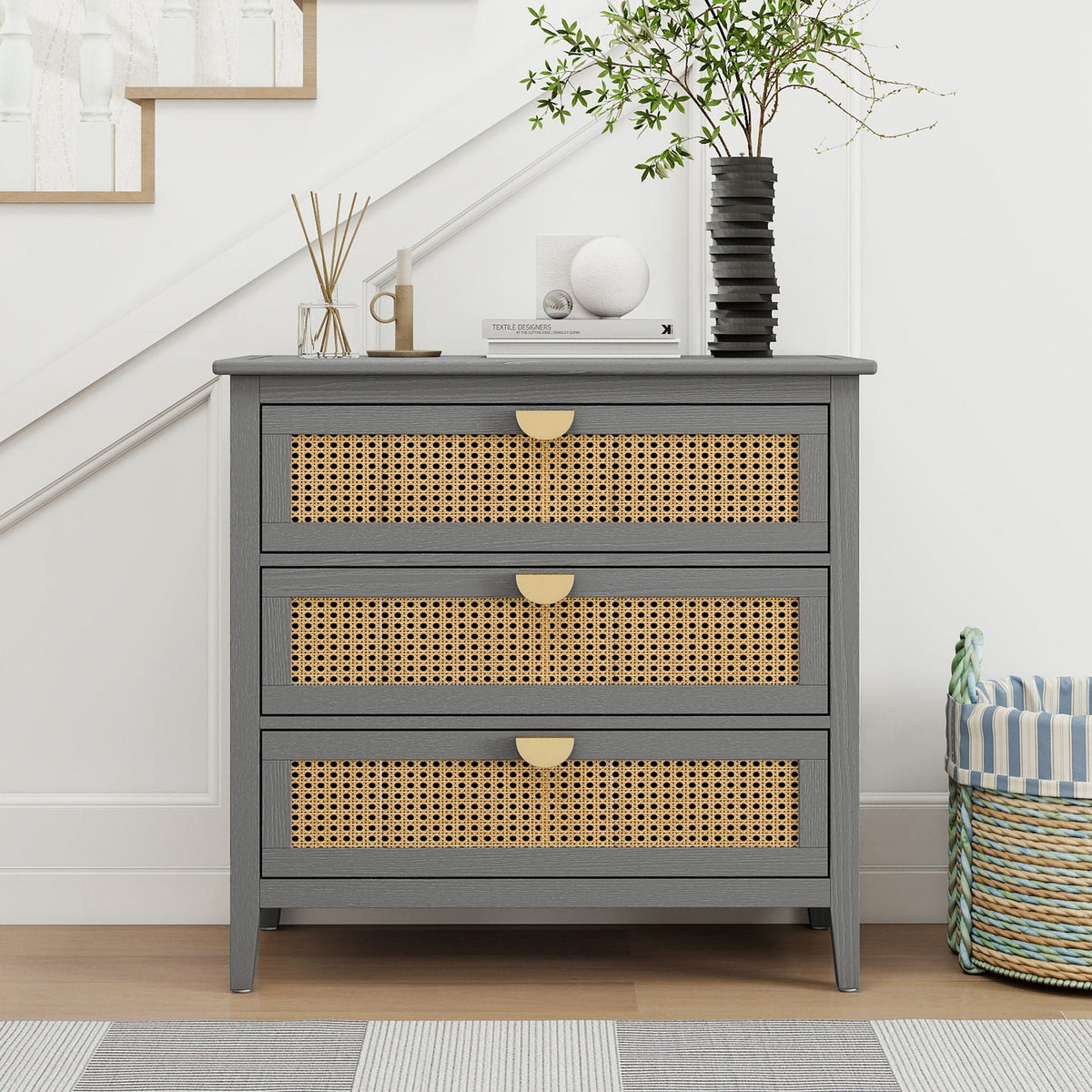 3 Drawer Cabinet with natural rattan caning, dark gray wood by HouseOfZazla on Tampa Home & Garden Store