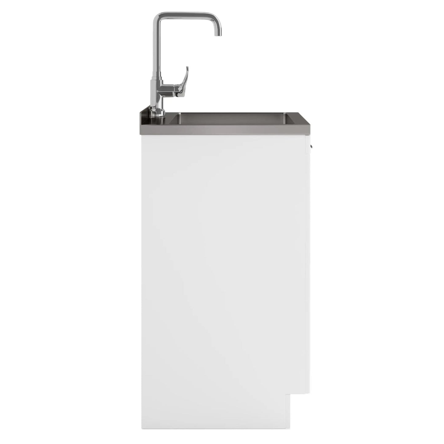 Murphy laundry cabinet with stainless steel sink and chrome gooseneck faucet, white base on Tampa Home & Garden Store